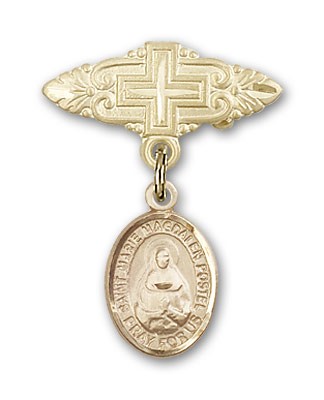 Pin Badge with Marie Magdalen Postel Charm and Badge Pin with Cross - Gold Tone