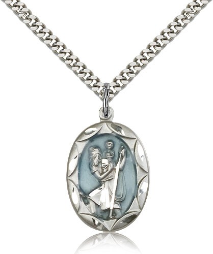 Scalloped Edge Blue Enamel Center St. Christopher Necklace - Sterling Silver | Blue Enamel