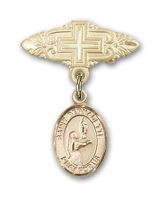 Pin Badge with St. Bernadette Charm and Badge Pin with Cross - 14K Solid Gold