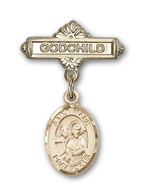 Pin Badge with St. Mark the Evangelist Charm and Godchild Badge Pin - Gold Tone