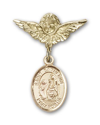 Pin Badge with St. Catherine of Siena Charm and Angel with Smaller Wings Badge Pin - Gold Tone