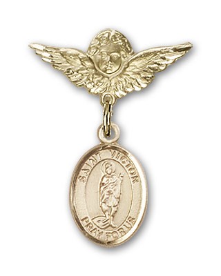 Pin Badge with St. Victor of Marseilles Charm and Angel with Smaller Wings Badge Pin - 14K Solid Gold