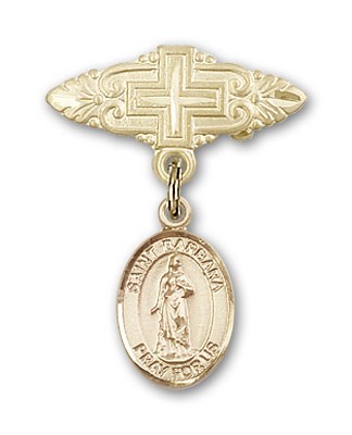 Pin Badge with St. Barbara Charm and Badge Pin with Cross - Gold Tone