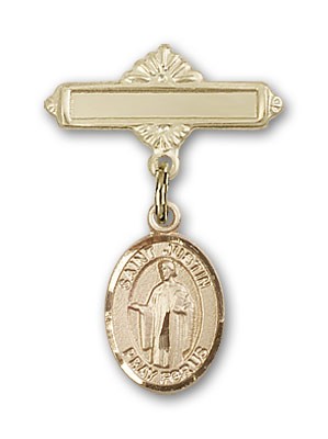 Pin Badge with St. Justin Charm and Polished Engravable Badge Pin - Gold Tone