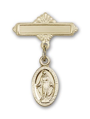 Pin Badge with Blue Miraculous Charm and Polished Engravable Badge Pin - 14K Solid Gold