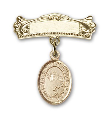 Pin Badge with Footprints Cross Charm and Arched Polished Engravable Badge Pin - Gold Tone