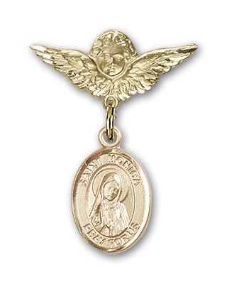 Pin Badge with St. Monica Charm and Angel with Smaller Wings Badge Pin - 14K Solid Gold