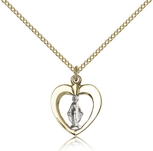 Two-Tone Open-Cut Heart Miraculous Medal Necklace - Two-Tone Silver