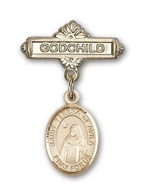 Pin Badge with St. Teresa of Avila Charm and Godchild Badge Pin - Gold Tone
