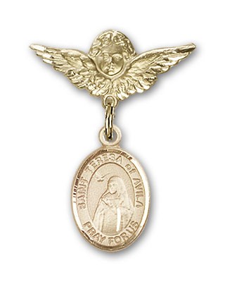 Pin Badge with St. Teresa of Avila Charm and Angel with Smaller Wings Badge Pin - 14K Solid Gold