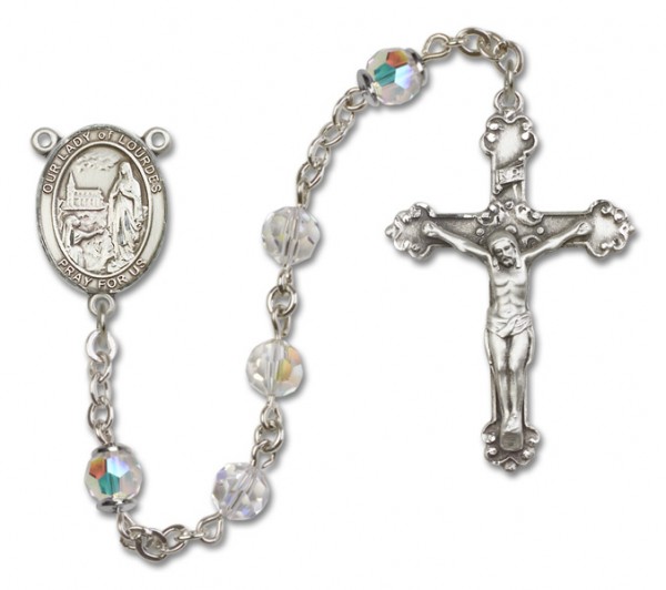 Our Lady of Lourdes Sterling Silver Heirloom Rosary Fancy Crucifix - Crystal