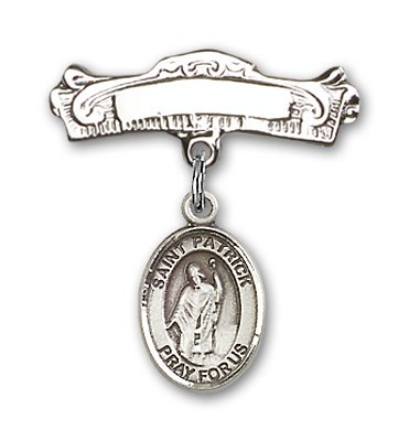 Pin Badge with St. Patrick Charm and Arched Polished Engravable Badge Pin - Silver tone