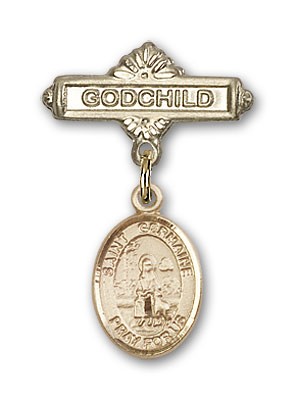 Pin Badge with St. Germaine Cousin Charm and Godchild Badge Pin - 14K Solid Gold