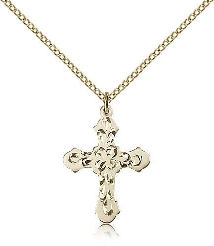 Women's Ornate Heavy Etching Cross Pendant - 14KT Gold Filled