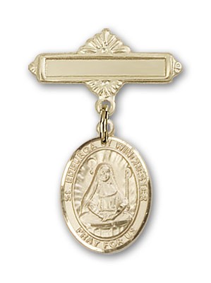 Pin Badge with St. Edburga of Winchester Charm and Polished Engravable Badge Pin - Gold Tone