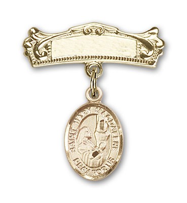 Pin Badge with St. Mary Magdalene Charm and Arched Polished Engravable Badge Pin - Gold Tone