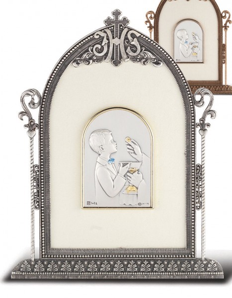 Salerni Sterling Silver First Communion Keepsake Plaque - Boy - Antique Silver