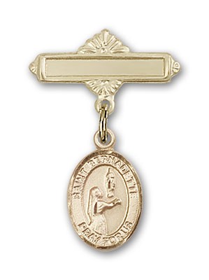 Pin Badge with St. Bernadette Charm and Polished Engravable Badge Pin - 14K Solid Gold