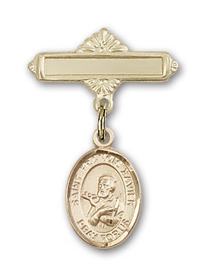 Pin Badge with St. Francis Xavier Charm and Polished Engravable Badge Pin - Gold Tone