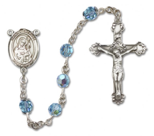 St. Gertrude of Nivelles Sterling Silver Heirloom Rosary Fancy Crucifix - Aqua