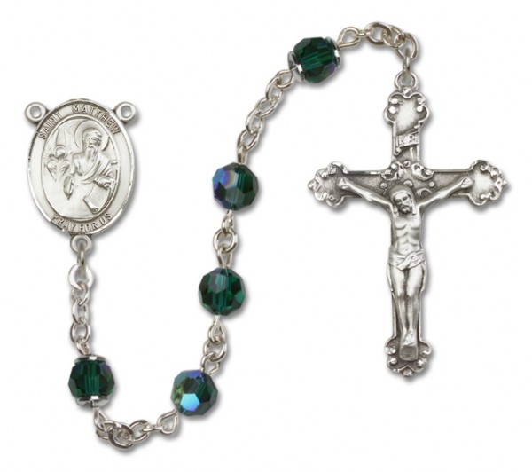 St. Matthew the Apostle Sterling Silver Heirloom Rosary Fancy Crucifix - Emerald Green