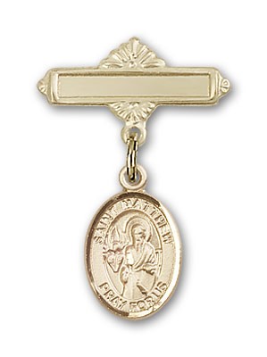 Pin Badge with St. Matthew the Apostle Charm and Polished Engravable Badge Pin - 14K Solid Gold