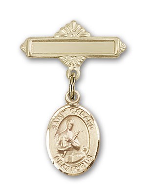 Pin Badge with St. Gerard Charm and Polished Engravable Badge Pin - 14K Solid Gold