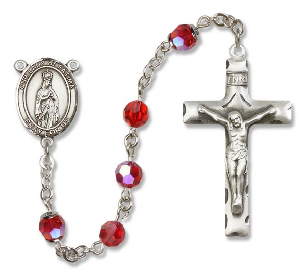 Our Lady of Fatima Sterling Silver Heirloom Rosary Squared Crucifix - Ruby Red