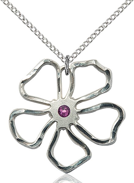 Five Petal Flower Pendant with Birthstone Center - Amethyst