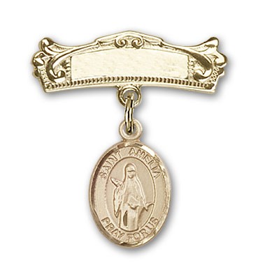 Pin Badge with St. Amelia Charm and Arched Polished Engravable Badge Pin - Gold Tone