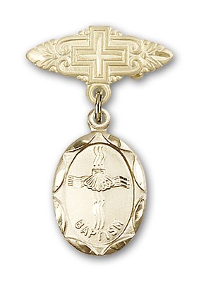 Baby Pin with Baptism Charm and Badge Pin with Cross - 14K Solid Gold
