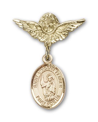 Pin Badge with St. Vincent Ferrer Charm and Angel with Smaller Wings Badge Pin - 14K Solid Gold