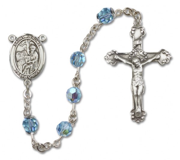 St. Jerome Sterling Silver Heirloom Rosary Fancy Crucifix - Aqua