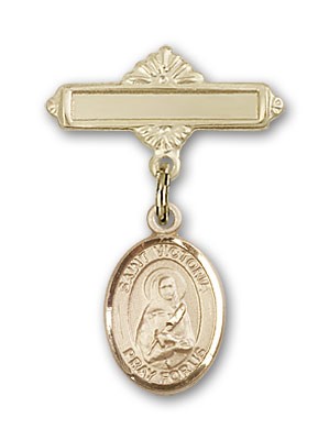 Pin Badge with St. Victoria Charm and Polished Engravable Badge Pin - 14K Solid Gold