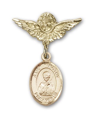 Pin Badge with St. Timothy Charm and Angel with Smaller Wings Badge Pin - Gold Tone