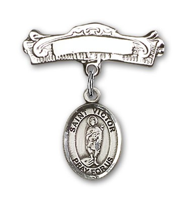 Pin Badge with St. Victor of Marseilles Charm and Arched Polished Engravable Badge Pin - Silver tone