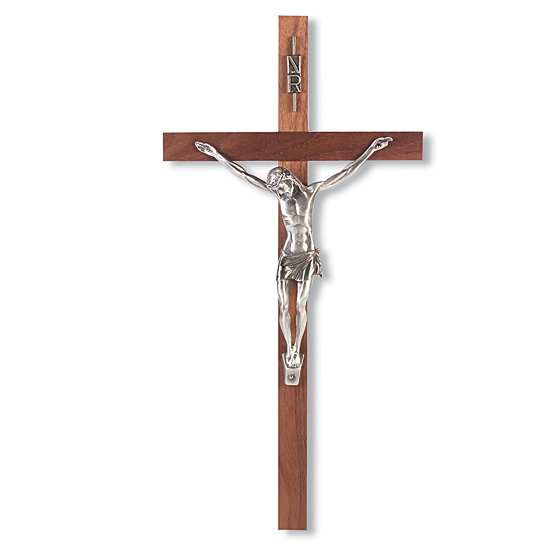 Slimline Wall Cross in Walnut Wood Goldtone Corpus - 13 inch - Brown