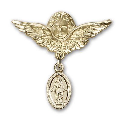 Pin Badge with Scapular Charm and Angel with Larger Wings Badge Pin - Gold Tone