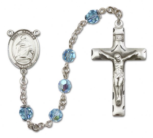 St. Charles Borromeo Sterling Silver Heirloom Rosary Squared Crucifix - Aqua