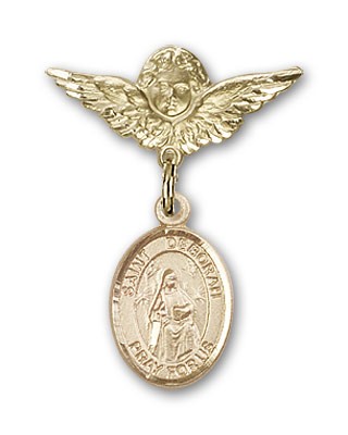 Pin Badge with St. Deborah Charm and Angel with Smaller Wings Badge Pin - 14K Solid Gold