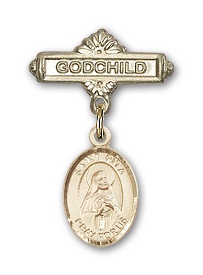 Pin Badge with St. Rita of Cascia Charm and Godchild Badge Pin - Gold Tone