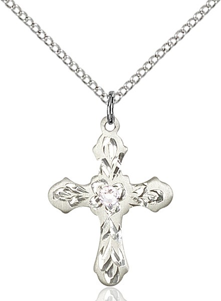 Medium Floral and Petal Cross Pendant with Birthstone Options - Crystal