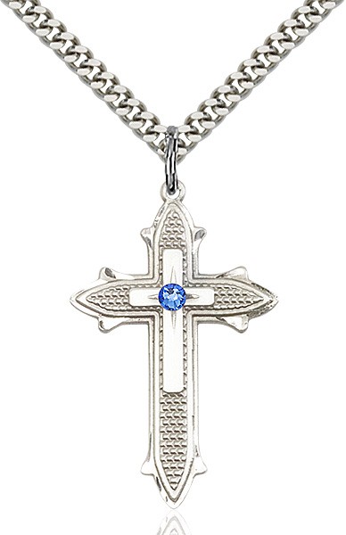 Large Women's Polished and Textured Cross Pendant with Birthstone Option - Sapphire