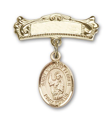 Pin Badge with St. Vincent Ferrer Charm and Arched Polished Engravable Badge Pin - 14K Solid Gold