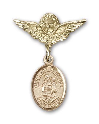 Pin Badge with Our Lady of Knock Charm and Angel with Smaller Wings Badge Pin - 14K Solid Gold