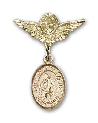 Pin Badge with St. John the Baptist Charm and Angel with Smaller Wings Badge Pin - Gold Tone