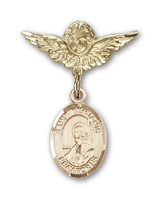 Pin Badge with St. Benjamin Charm and Angel with Smaller Wings Badge Pin - 14K Solid Gold