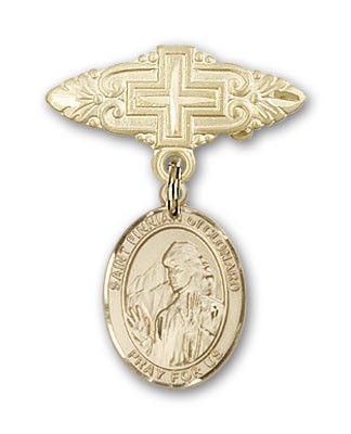 Pin Badge with St. Finnian of Clonard Charm and Badge Pin with Cross - 14K Solid Gold