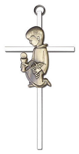 First Communion Boy Cross  6 inch - Two-Tone Silver