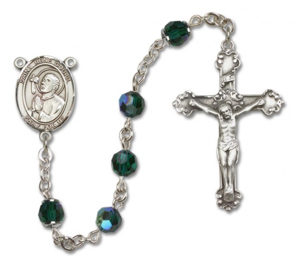 St. Rene Goupil Sterling Silver Heirloom Rosary Fancy Crucifix - Emerald Green